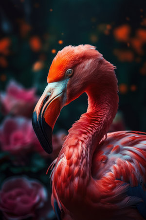 Flamingo in tropical nature forrest abstract background. Animal and environment concept. Generative aiの素材