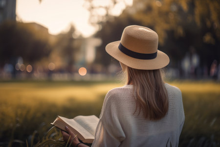 Woman reading book at nature park abstract background. World book day and hobby education concept. Generative aiの素材