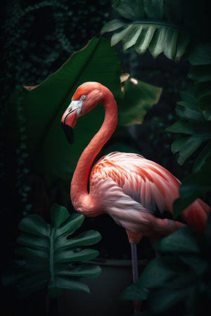 Flamingo in tropical nature forrest abstract background. Animal and environment concept. Generative aiの素材