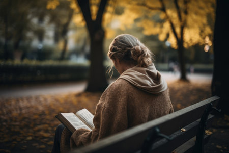 Woman reading book at nature park abstract background. World book day and hobby education concept. Generative aiの素材