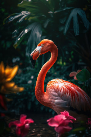 Flamingo in tropical nature forrest abstract background. Animal and environment concept. Generative aiの素材