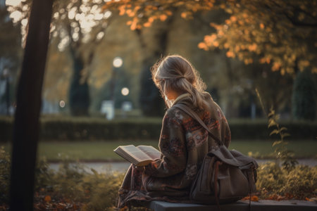 Woman reading book at nature park abstract background. World book day and hobby education concept. Generative aiの素材