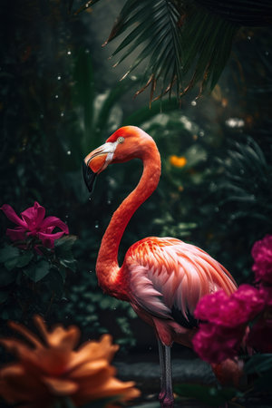 Flamingo in tropical nature forrest abstract background. Animal and environment concept. Generative aiの素材