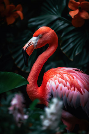 Flamingo in tropical nature forrest abstract background. Animal and environment concept. Generative aiの素材