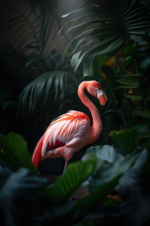 Flamingo in tropical nature forrest abstract background. Animal and environment concept. Generative aiの素材