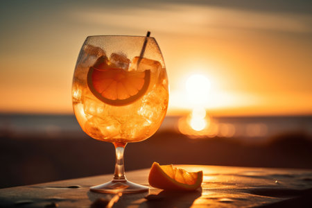 Cocktail on tropical sunset beach abstract background. Drink and summer concept. Generative aiの素材