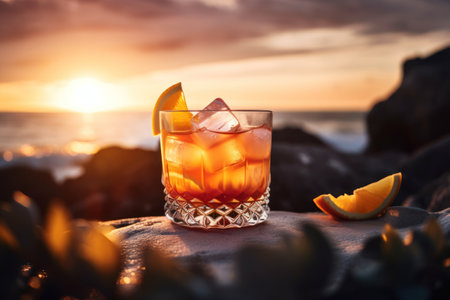 Cocktail on tropical sunset beach abstract background. Drink and summer concept. Generative aiの素材