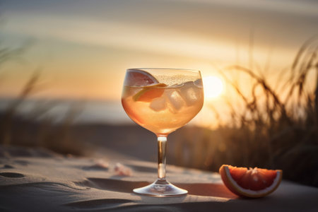 Cocktail on tropical sunset beach abstract background. Drink and summer concept. Generative aiの素材