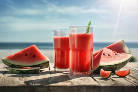 Watermelon juice on tropical beach abstract background. Drink and summer concept. Generative aiの素材
