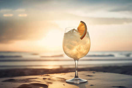 Cocktail on tropical sunset beach abstract background. Drink and summer concept. Generative aiの素材
