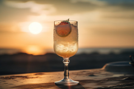 Cocktail on tropical sunset beach abstract background. Drink and summer concept. Generative aiの素材