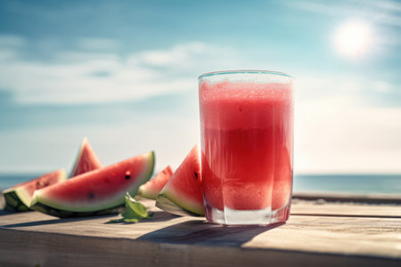 Watermelon juice on tropical beach abstract background. Drink and summer concept. Generative aiの素材
