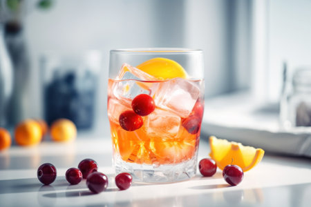 Fresh fruits drink on table with light from window abstract background. Drink and healthy concept. Generative aiの素材