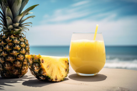 Pineapple juice on tropical beach abstract background. Drink and summer concept. Generative aiの素材