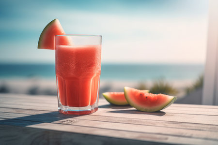 Watermelon juice on tropical beach abstract background. Drink and summer concept. Generative aiの素材