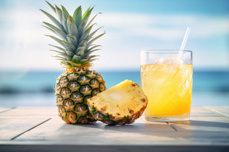 Pineapple juice on tropical beach abstract background. Drink and summer concept. Generative aiの素材