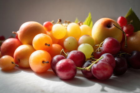 Fresh fruits on table with light from window abstract background. Food and healthy concept. Generative aiの素材