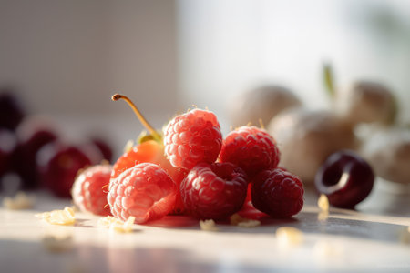 Fresh fruits on table with light from window abstract background. Food and healthy concept. Generative aiの素材