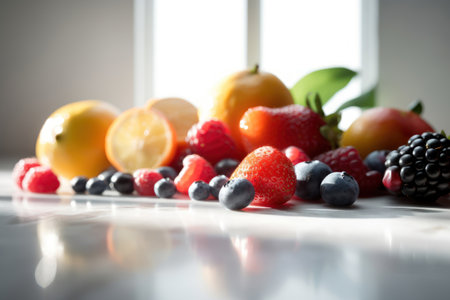 Fresh fruits on table with light from window abstract background. Food and healthy concept. Generative aiの素材