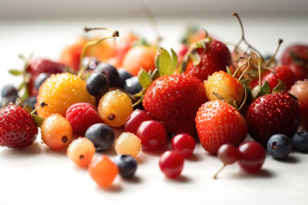 Fresh fruits on table with light from window abstract background. Food and healthy concept. Generative aiの素材