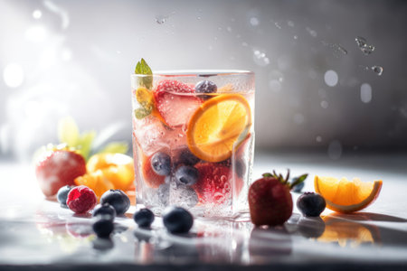 Fresh fruits drink on table with light from window abstract background. Drink and healthy concept. Generative aiの素材