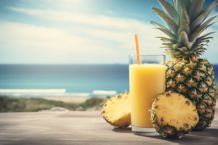Pineapple juice on tropical beach abstract background. Drink and summer concept. Generative aiの素材