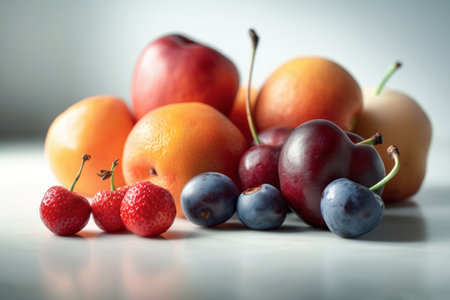 Fresh fruits on table with light from window abstract background. Food and healthy concept. Generative aiの素材