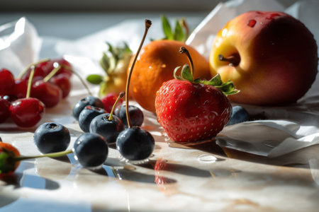 Fresh fruits on table with light from window abstract background. Food and healthy concept. Generative aiの素材
