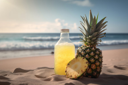 Pineapple juice on tropical beach abstract background. Drink and summer concept. Generative aiの素材