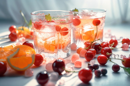 Fresh fruits drink on table with light from window abstract background. Drink and healthy concept. Generative aiの素材
