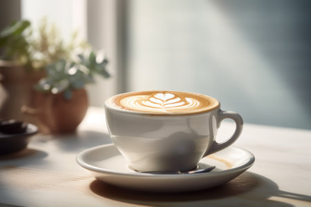 Coffee on table with light from window abstract background. Drink concept. Generative aiの素材