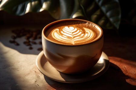 Coffee on table with light from window abstract background. Drink concept. Generative aiの素材