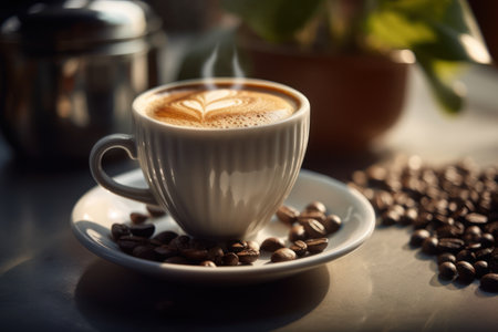 Coffee on table with light from window abstract background. Drink concept. Generative aiの素材