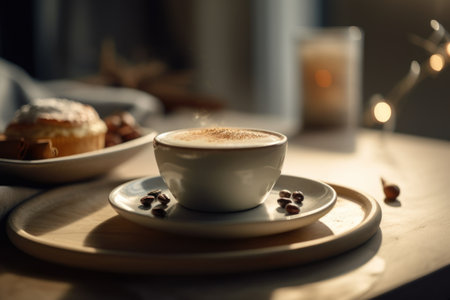 Coffee on table with light from window abstract background. Drink concept. Generative aiの素材
