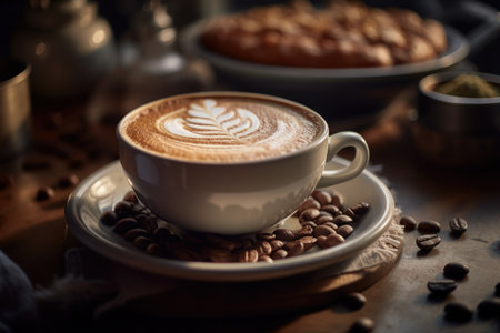 Coffee on table with light from window abstract background. Drink concept. Generative aiの素材