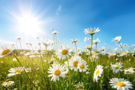 Summer landscape of beautiful chamomile flower in meadow on blue sky abstract background. Generative ai.の素材