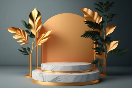 3d luxury marble podium and tropical leaves abstract background. Copy space product presentation. Generative ai.の素材
