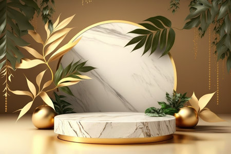 3d luxury marble podium and tropical leaves abstract background. Copy space product presentation. Generative ai.の素材