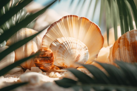 Seashells and palm leaves on tropical beach abstract background. Generative aiの素材