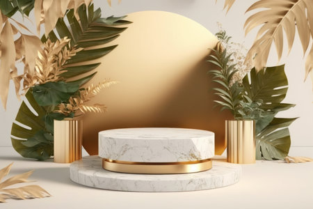 3d luxury marble podium and tropical leaves abstract background. Copy space product presentation. Generative ai.の素材