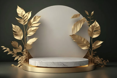 3d luxury marble podium and tropical leaves abstract background. Copy space product presentation. Generative ai.の素材