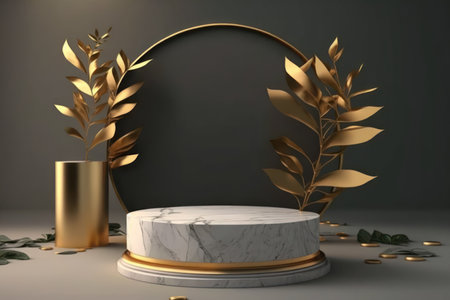 3d luxury marble podium and tropical leaves abstract background. Copy space product presentation. Generative ai.の素材