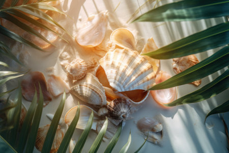 Seashells and palm leaves on tropical beach abstract background. Generative aiの素材