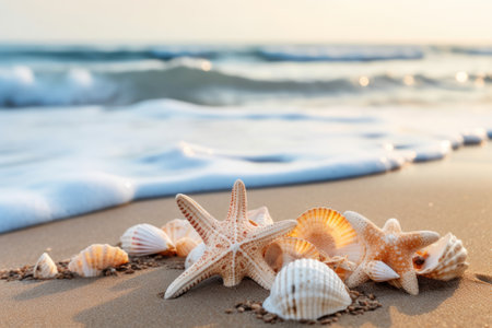 Starfish and seashells on tropical beach abstract background. Summer vacation and nature concept. Generative ai.の素材