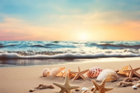 Starfish and seashells on tropical beach abstract background. Summer vacation and nature concept. Generative ai.の素材