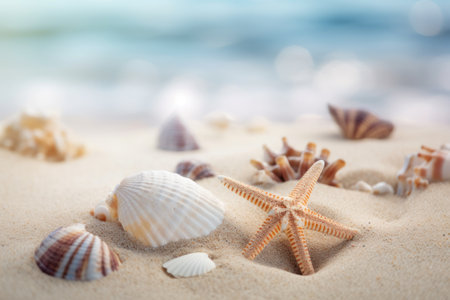 Starfish and seashells on tropical beach abstract background. Summer vacation and nature concept. Generative ai.の素材