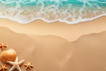 Starfish and seashells on tropical beach abstract background. Summer vacation and nature concept. Generative ai.の素材