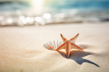 Star fish on sand beach abstract background. Copy space of summer and vacation concept. Generative ai.の素材