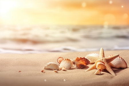 Starfish and seashells on tropical beach abstract background. Summer vacation and nature concept. Generative ai.の素材