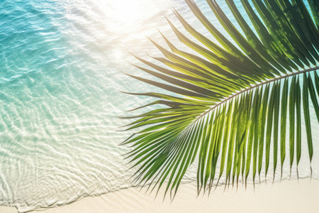 Summer background. Palm leaves on wave beach abstract. Generative ai.の素材